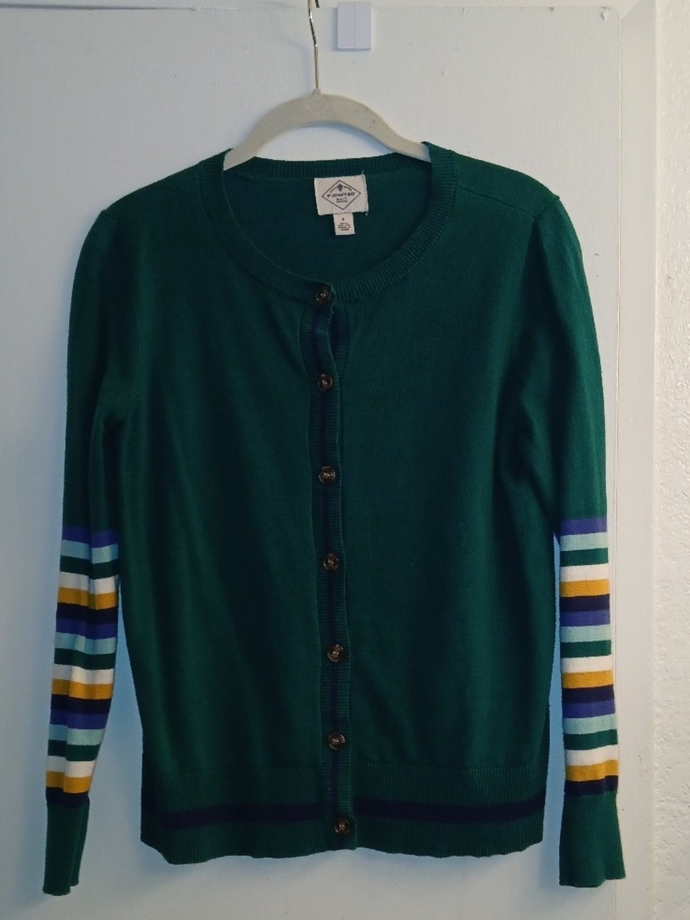 St. John's Bay Forest Green Cardigan with Striped Sleeves